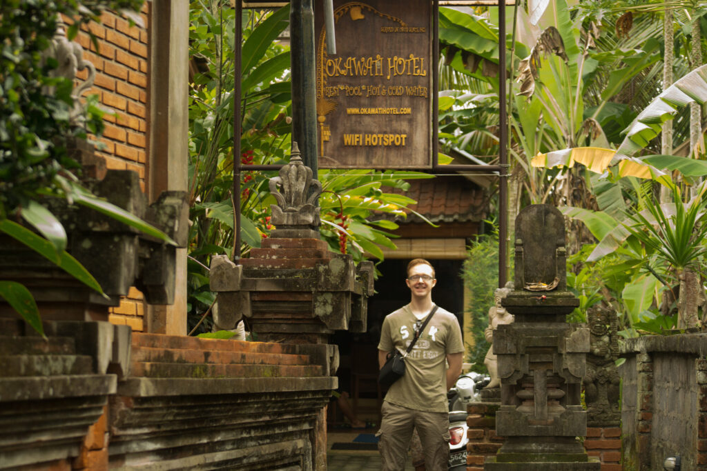 Greg at a garden gateway, Bali