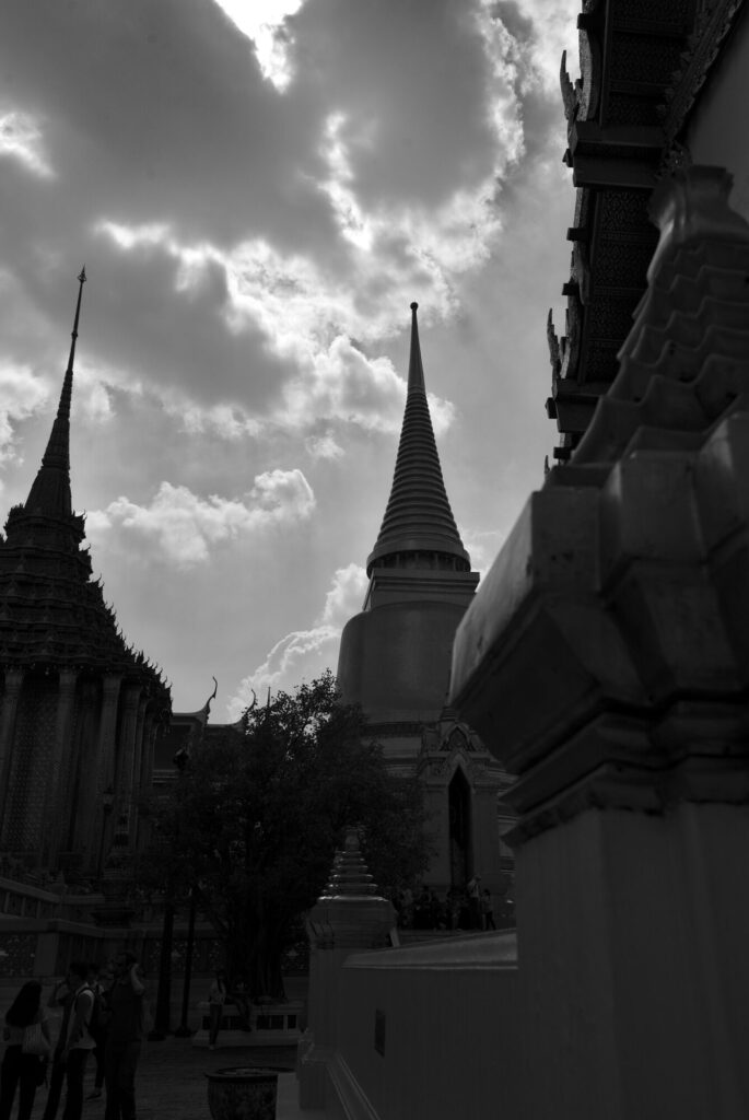 Spires and clouds, black and white, Bangkok