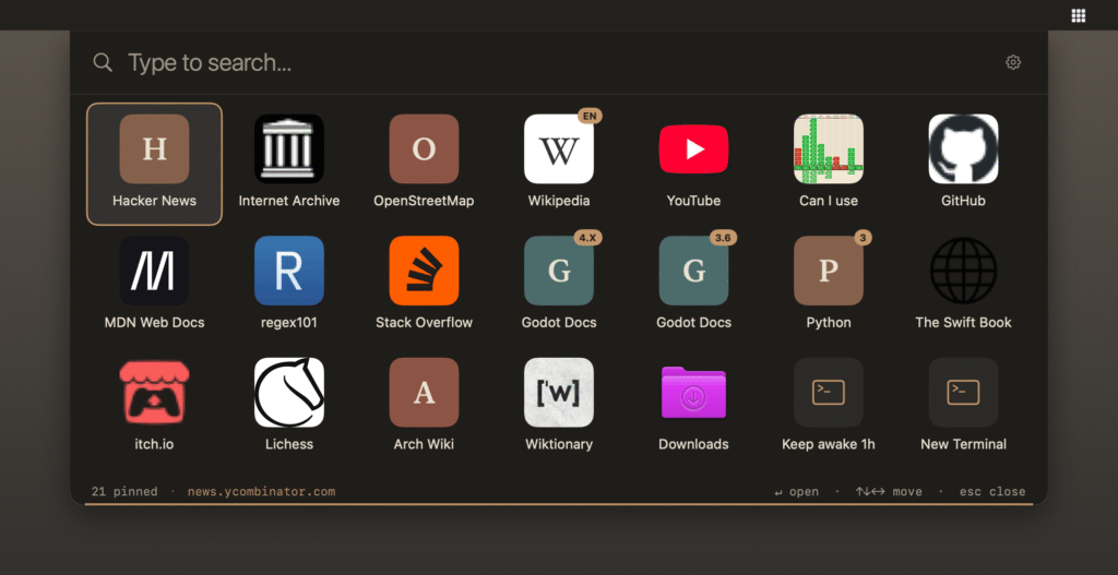 The launcher's icon grid of pinned bookmarks under the macOS menu bar