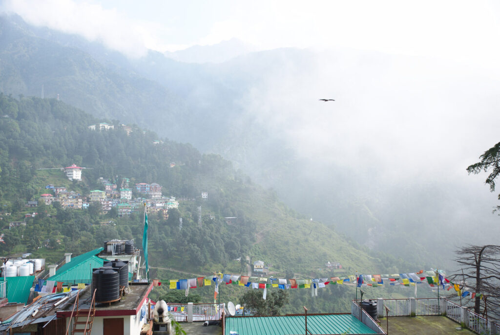 Monsoon mist over the hillside and prayer flags, Dharamshala and McLeod Ganj