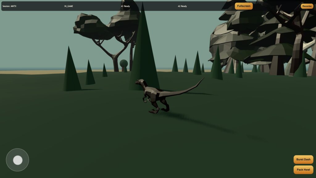 A velociraptor on the island in a LAN multiplayer Three.js game