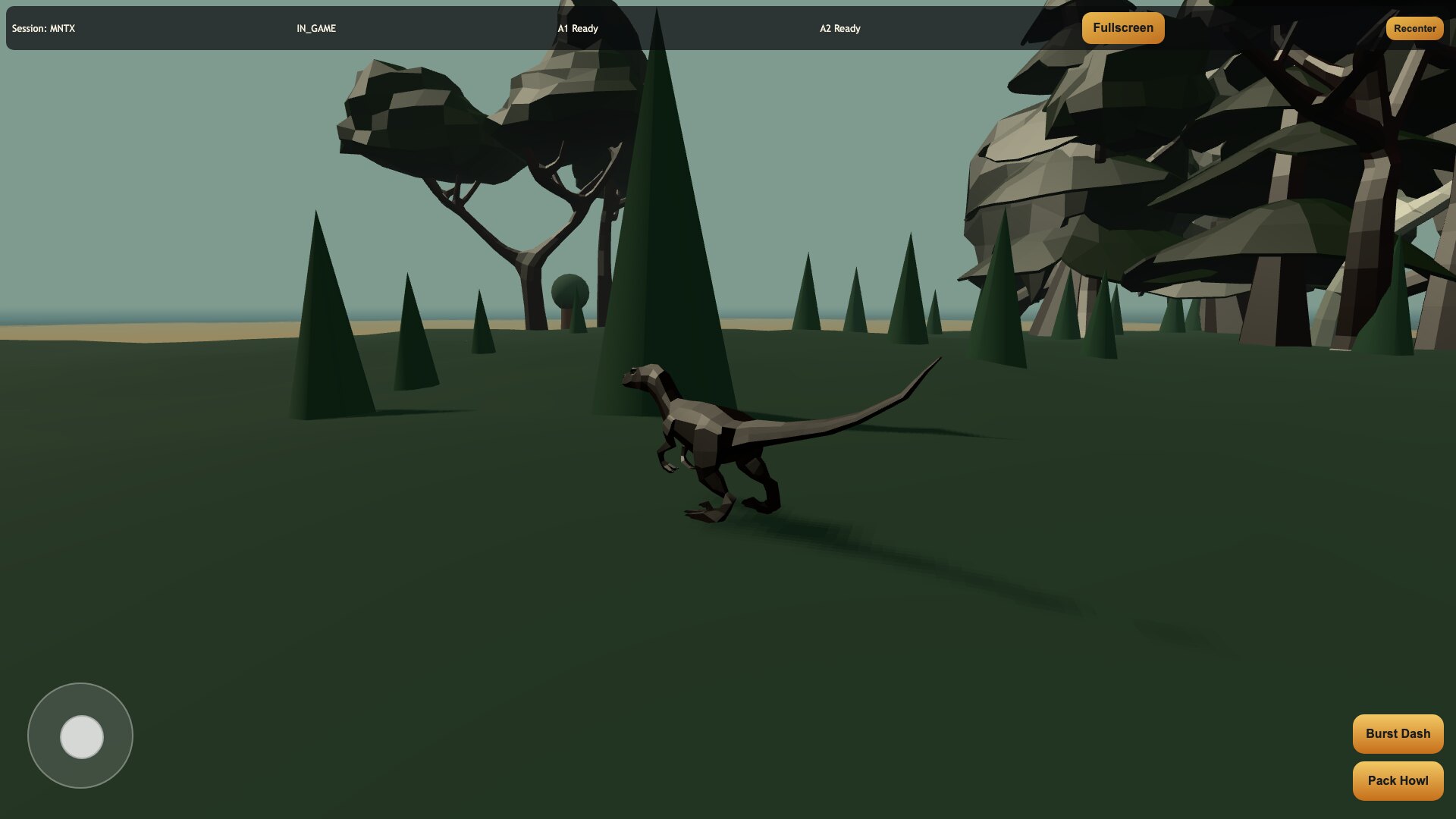 A velociraptor on the island in a LAN multiplayer Three.js game
