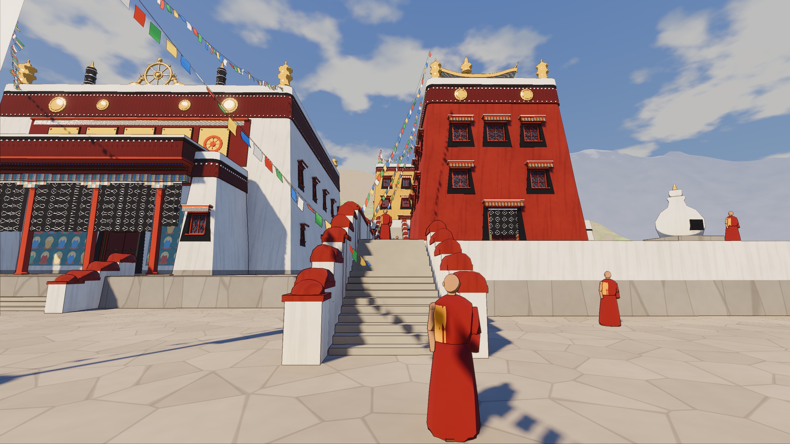 Dungkardo: monks crossing the courtyard of a Tibetan monastery town built in Godot 4