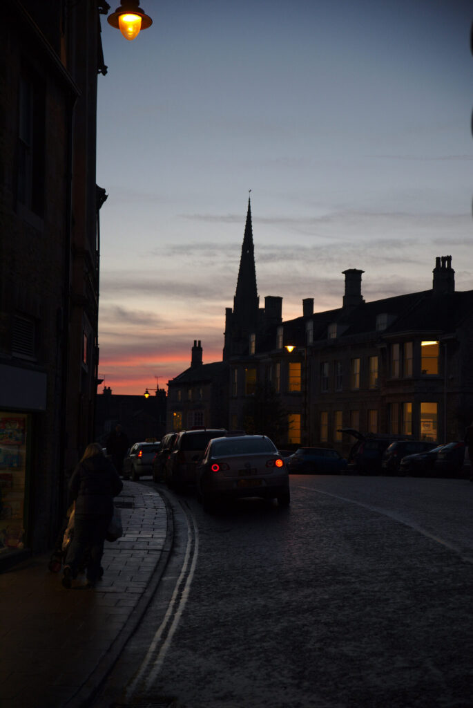 Church spire against the dusk, Stamford, English Winter
