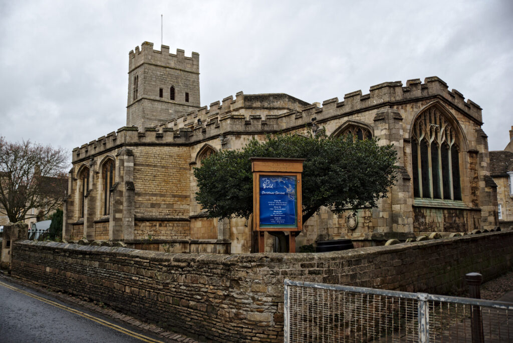 Stone church with a square tower, English Winter