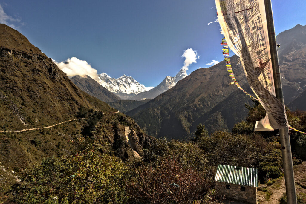 Prayer flag and the view up the valley, Everest Base Camp