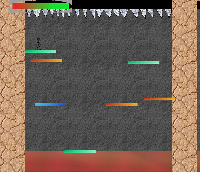 Floor Faller, a 2011 Java game: a stickman on rising platforms under a ceiling of spikes