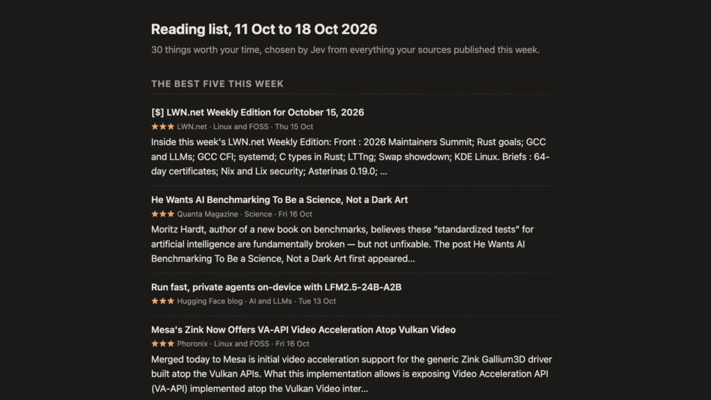 A weekly reading list picked by an LLM decision model from 500-plus feeds