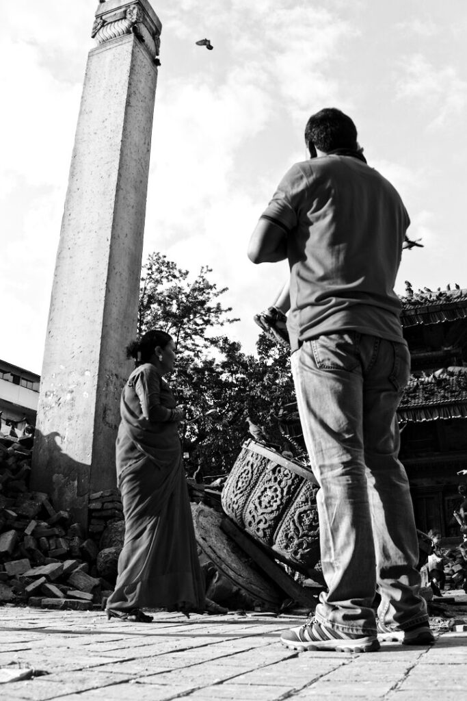 Rubble and a standing pillar, black and white, Kathmandu, Autumn 2015