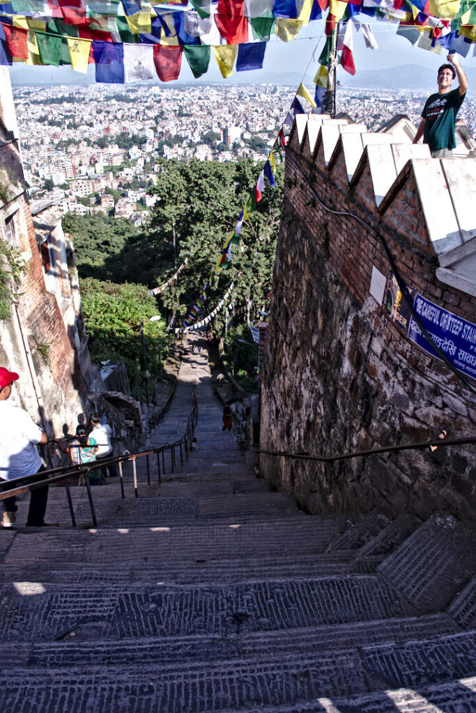 Steps under prayer flags, Kathmandu, Autumn 2015