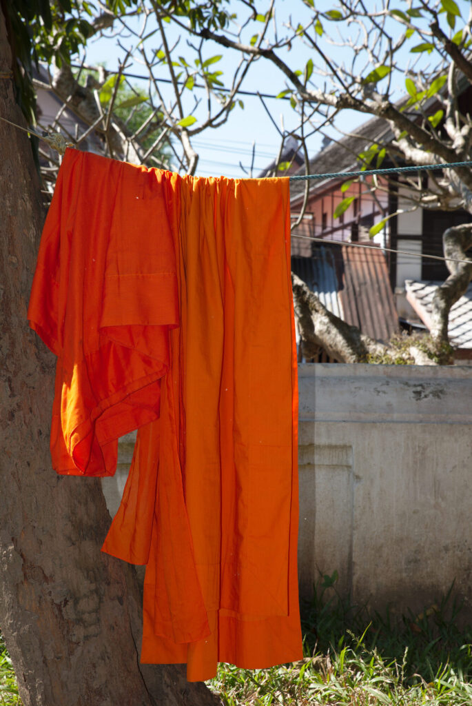Saffron robes drying on a tree, Laos: Luang Prabang to Vientiane