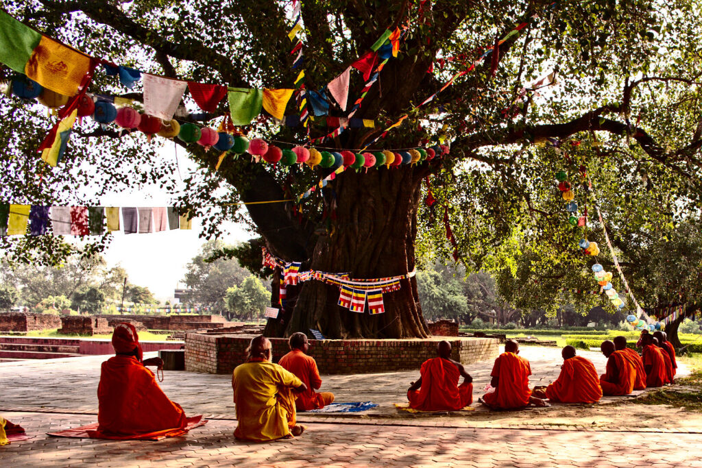 Monks seated under the Bodhi tree, Lumbini