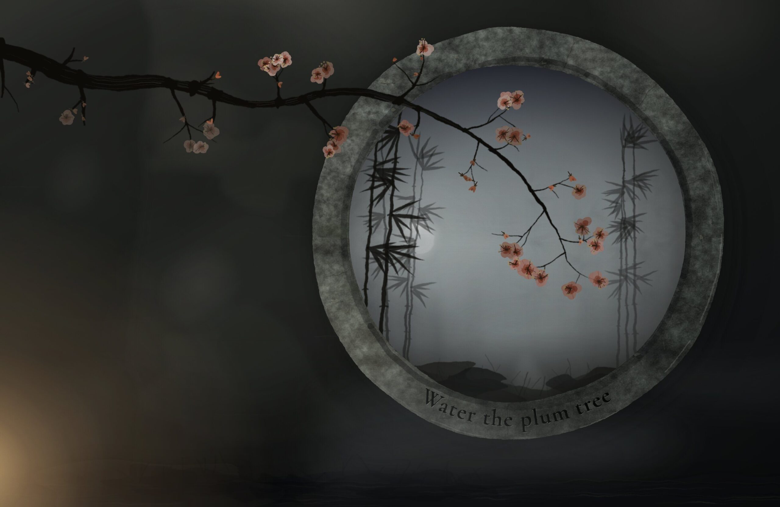 A Chinese garden moon gate at evening, painted entirely in code