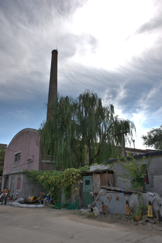 The chimney and a willow above a barrel-roofed works building, The Old Chimney