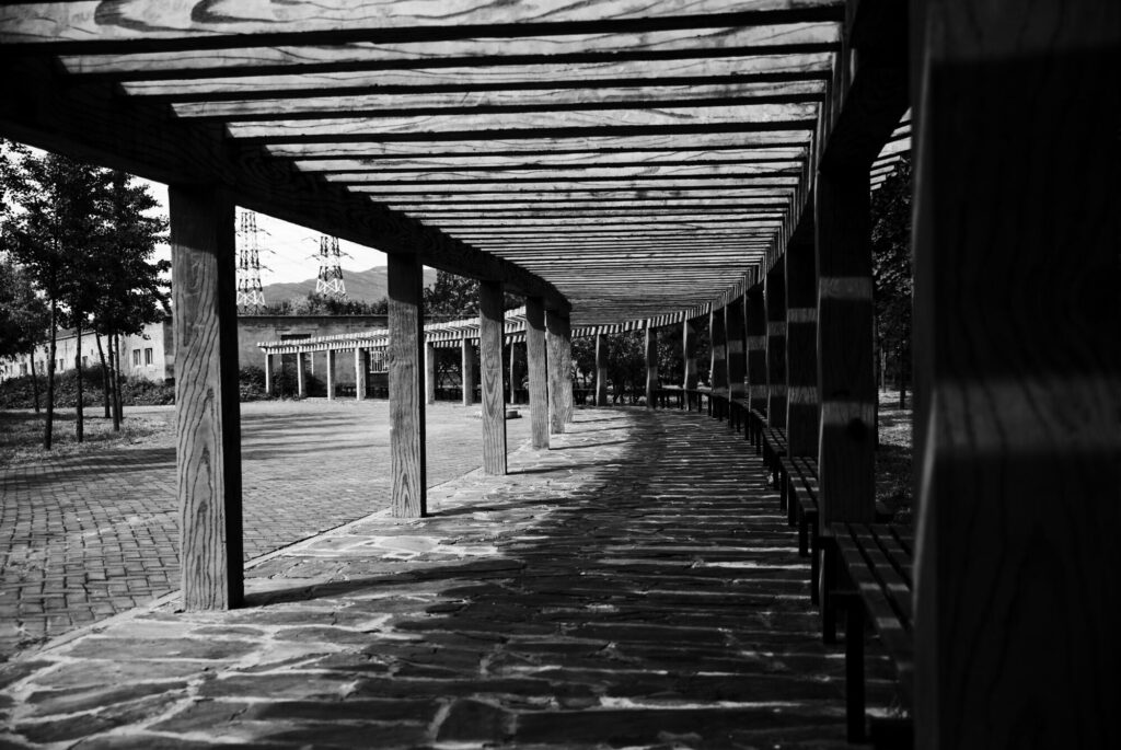 Shaded walkway, black and white, The Old Chimney