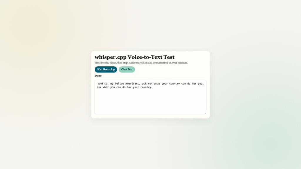 A transcript in the thought-capture browser recorder, transcribed locally by whisper.cpp