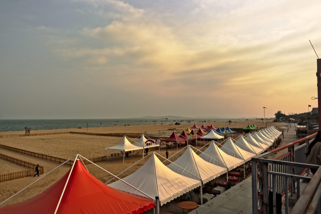 Beach tents in evening light, Xiamen in January